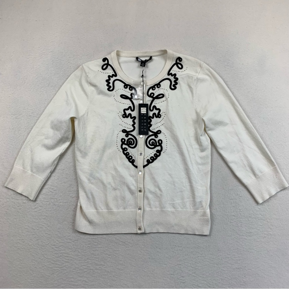 Carole Little Sweater Womens Medium Cardigan Cream Black Beading Light‎ Academia
